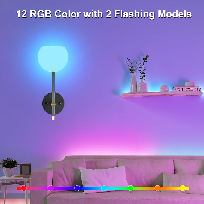 Black Gold Battery Operated Wall Sconces Set of 2, Rechargeable Wireless Wall Lights with Milky White Frosted Glass, 12 RGB and 3CCT Dimmable, Wall Lamps with Remote for Bedroom Living Room Hallway