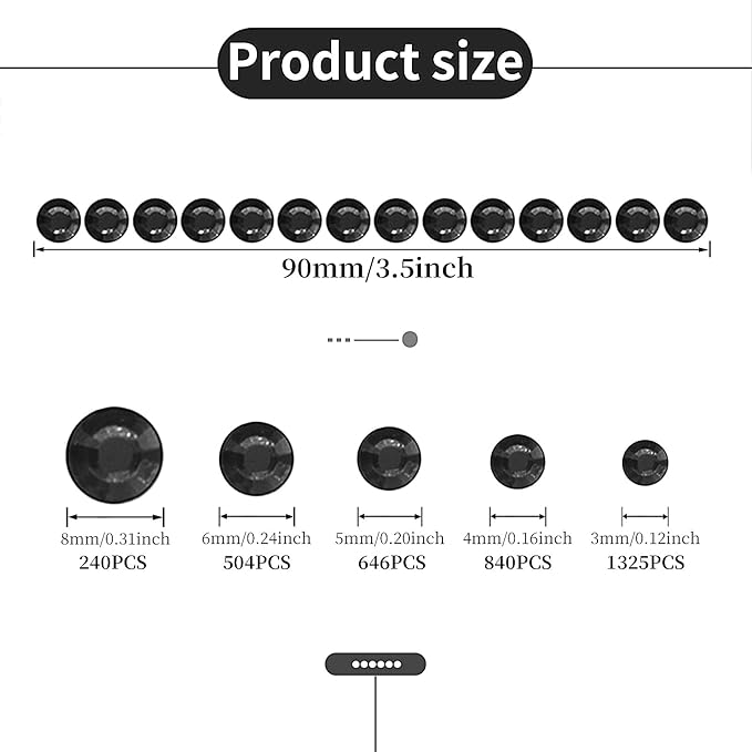 SARATA 3/4/5/6/8 MM Face Gems Temporary Tattoos Rhinestones Stickers Black Rhinestone Strips Jewel Stickers Gem Diamond Crystal Gem Stickers for Scrapbooking DIY Crafts Wedding Prom access 3555PCS