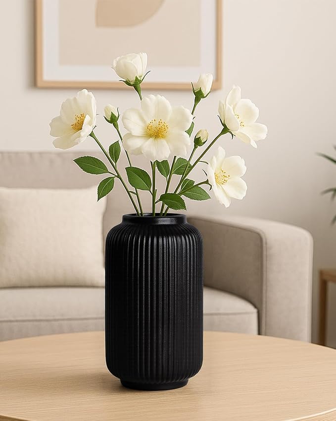 Black Ceramic Vase, 8 Inch Modern Flower Vase for Bouquet and Pampas Grass, Matte Frosted Large Opening Decorative Vase for Farmhouse Table, Shelf Decor