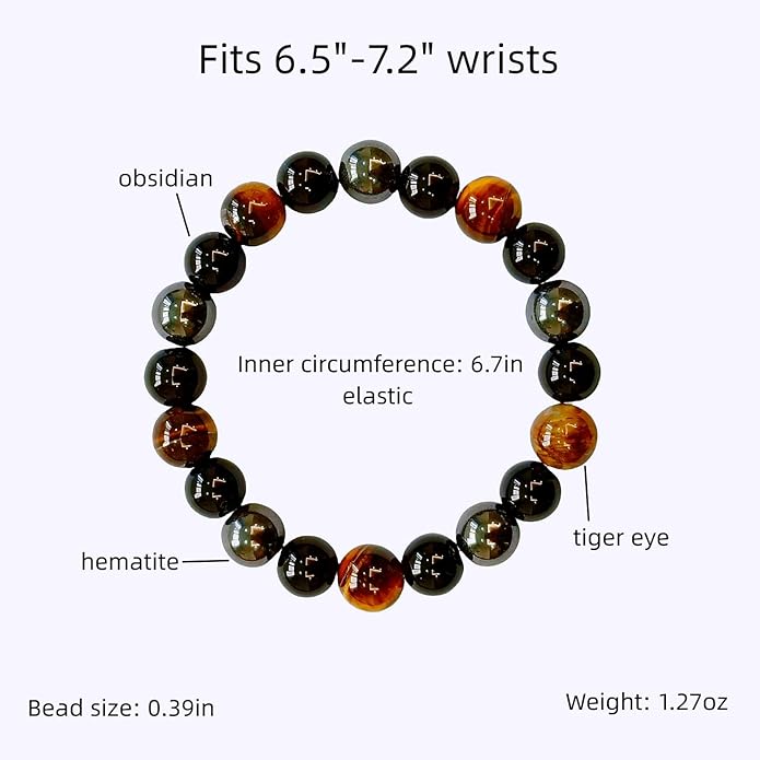Evil Eye with Hematite Black Obsidian Tiger Eye Stone Triple Protection Bracelets for Men Women, Crystal Healing Stone Bracelet Bring Luck Prosperity and Happiness Jewelry