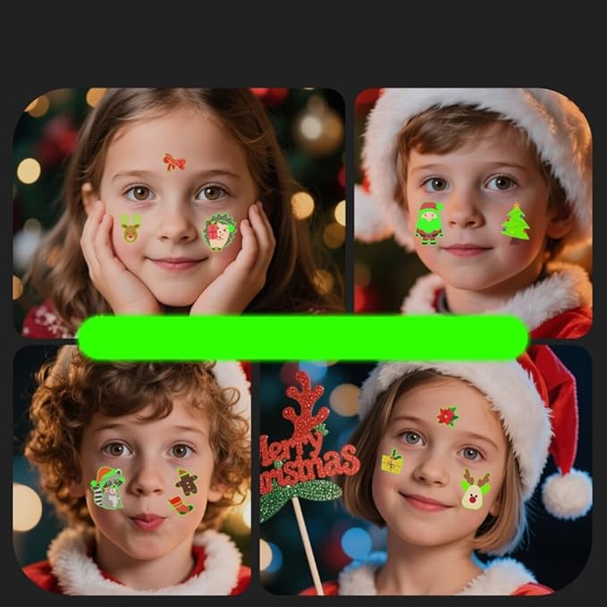 Christmas Temporary Tattoos Glow in the Dark Face Stickers Luminous Snowman Tattoos Mixed Styles Elk Christmas Tree Eye Fake Tattoos Cute Waterproof Stickers for Girls Body Art Makeup 4 Sheets