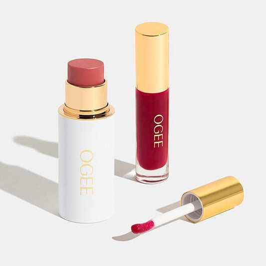 Ogee Midnight's Kiss - Rose Quartz Face Stick & Thistle Lip Gloss Duo - Limited Edition Holiday Makeup Gift Set - Certified Organic & Skincare-Infused