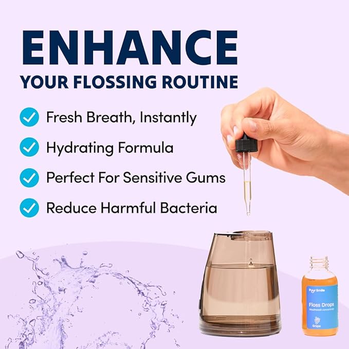 Puur Smile Concentrated Floss Drop Serum – 2oz Concentrated Mouth Wash to Use in Water Flosser | Natural Essentials Promotes Good Breath | Organic Drop Provides Good Oral Health (Grape Flavor)