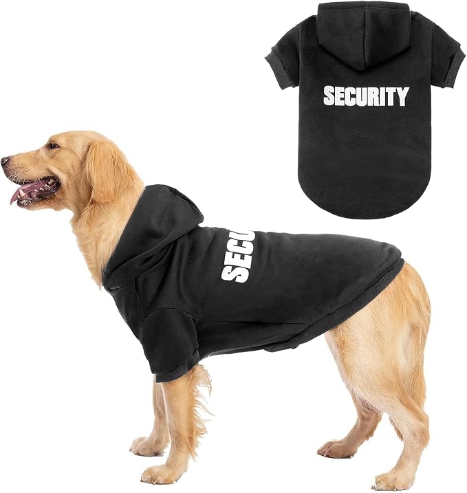 BINGPET Security Dog Hoodie, Pet Sweater Clothes with Leash Hole, Black | Warm Dog Sweatshirt for Small Medium Large Dogs, All-Season Cold Weather Comfort & Fit, Soft Winter Hooded Pullover Outfit