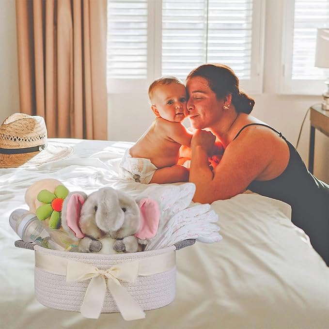 Yimi's Dream White Cotton Rope Gift Basket with Gray Handle, 12 x 8 x 5 in | Oval Woven Small Basket for Gifting, Baby Shower, Nursery, Cat or Dog Toys, Shelves, Birthdays, and Shelves Home Décor