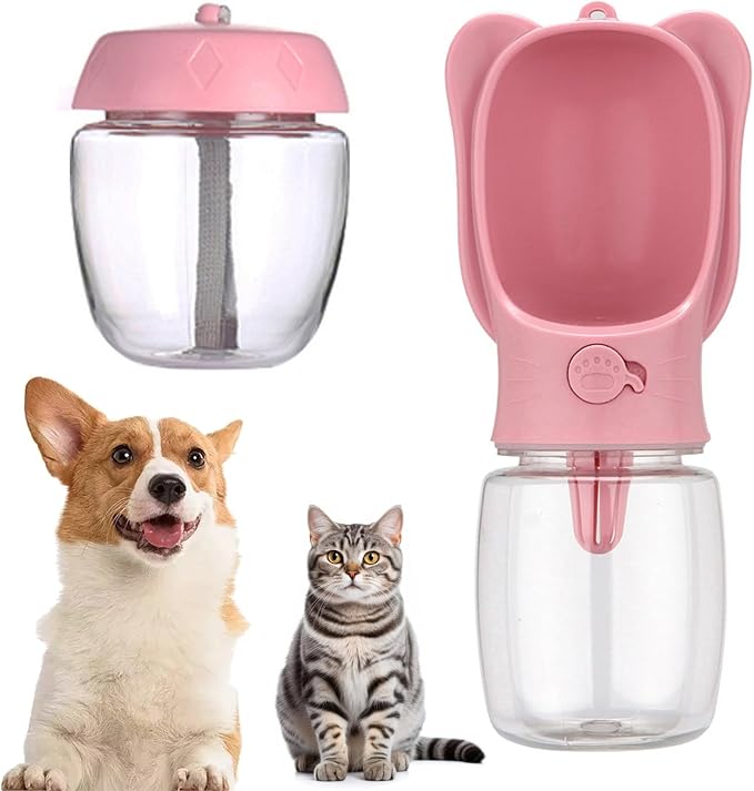 Pet Cat Puppy Dog Travel Water Bottle Dispenser with Food Container, Portable Dog Water Bottle for Walking Hiking Outdoor, Pink, 350ml/12oz