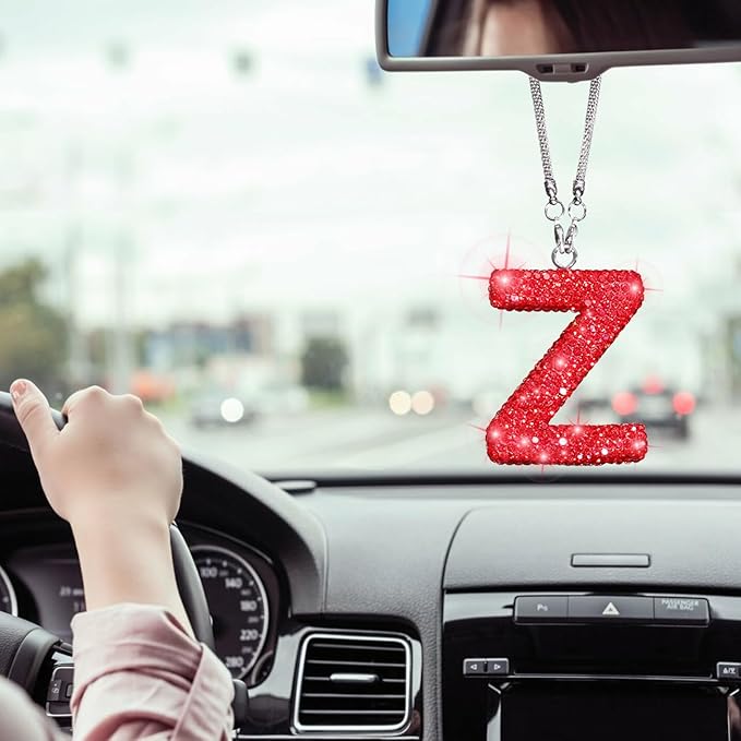 Bling Letter Z Car Charm Pendant Letter Hanging Ornament for Rear View Mirror Decoration (Red, Z)