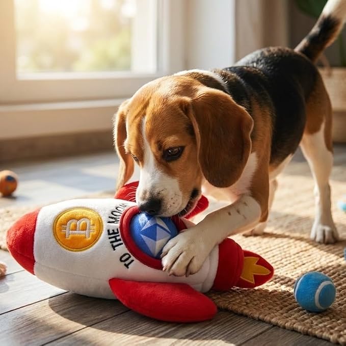 MODERN WAVE - Squeaky Plush Dog Toy Bitcoin Crypto - Interactive Hide and Seek Squirrel Type Puzzle Toy for Dogs, Small - Medium Size (Rocket and Coins)