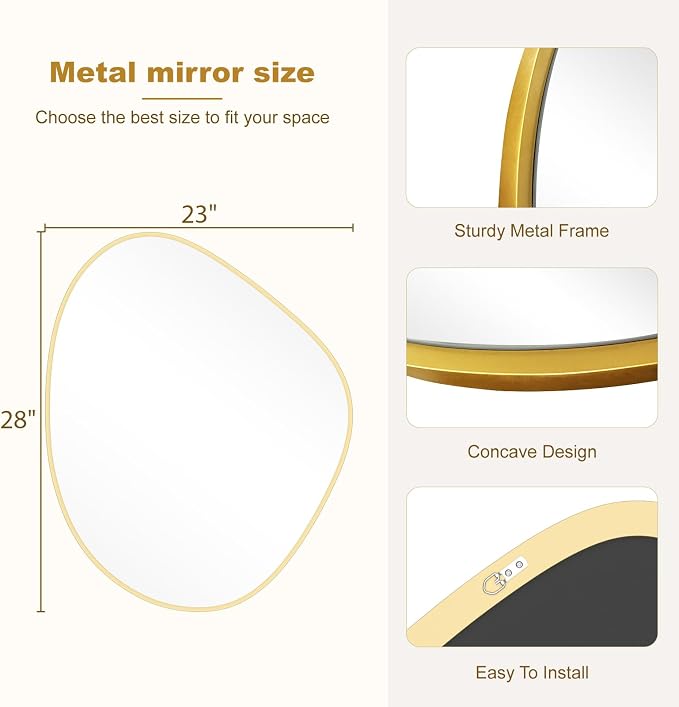 Asymmetrical Mirror, Irregular Wall Mirror for Bathroom, Abstract Wall Mirrors Decorative for Bedroom Living Room Entryway Hall, Mirrors for Wall Decor 28" H x 23" W, Gold