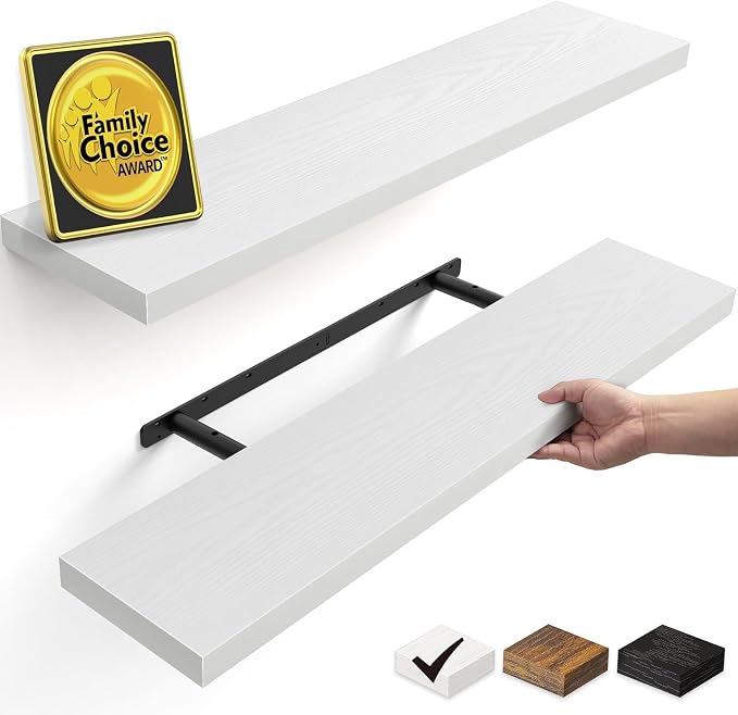 BAYKA White Floating Shelves 35.4in, Set of 2, Wall Mount Rustic Wood Shelf | Easy Install, 30lbs Max Load, Hidden Bracket, for Living Room Bathroom Bedroom Kitchen Storage Decor, Multi-Wall Compatible