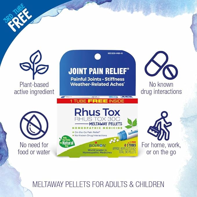 Boiron Rhus Tox 30C Homeopathic Medicine for Relief from Joint Pain, Muscle Aches, Swollen or Stiff Joints, and Weather Related Aches - 3 Count (240 Pellets)