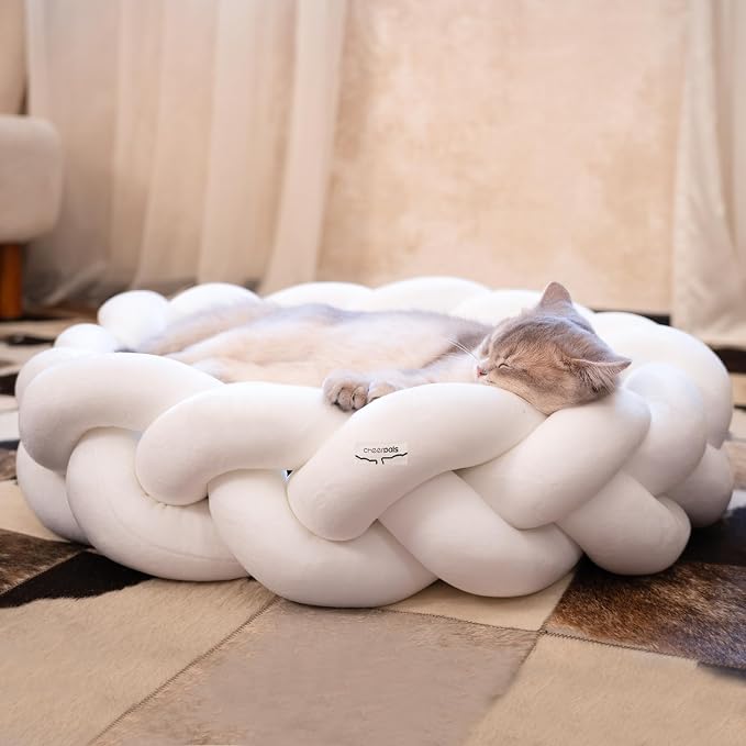 CHEERPALS Weave Cat Bed for Indoor Cats,Cute Pet Bed with Washable Cushion Fluffy Kitty Bed for Small Dog(White)