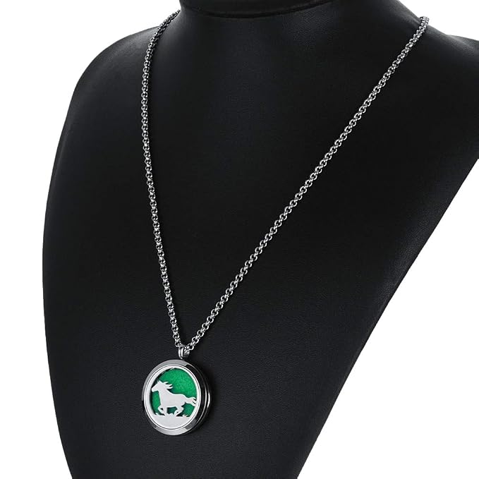Essential Oil Diffuser Necklace,Perfume Stainless Steel Aromatherapy Horse Locket Pendant with 24" Chain & 8 Pads, Birthday Christmas Jewelry Gift for Women Men