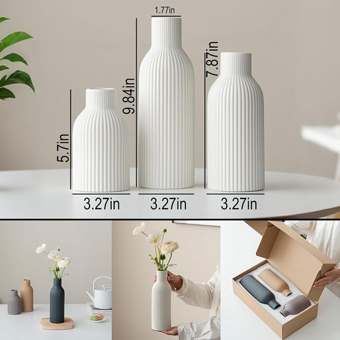 Modern Ceramic Vases Set of 3, White Ribbed Decorative Vases, Shelf Table Centerpiece for Home Decor, Birthday Gifts for Women, Mom, Grandma Decorative (White)