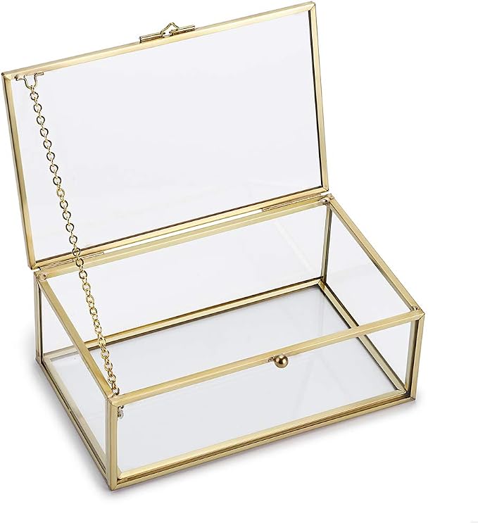 Hipiwe Vintage Glass Keepsake Box, Rectangle Jewelry Display Organizer Case | Vanity Lidded Box Home Decor Accent Decorative Boxes for Storage Trinket Rings Bracelet