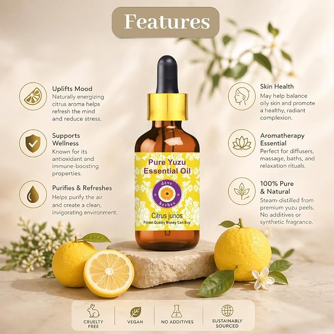Deve Herbes Pure Yuzu Oil (Citrus Junos) with Glass Dropper Cold Pressed 5ml (0.16 oz)
