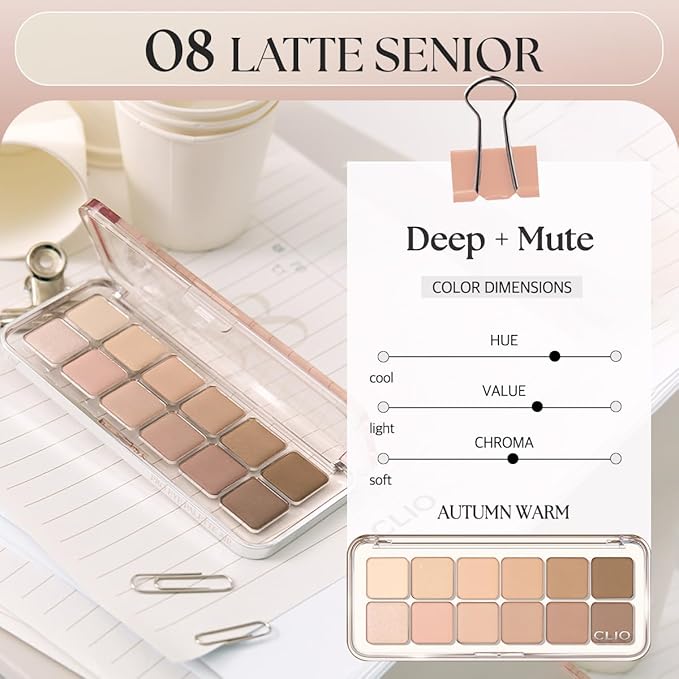 CLIO Pro Eye Palette Air, 12-Color Eye Shadow Palette, Matte Shimmer Mix, Air-Fit Blendable Pigmented Buildable Color, Low Fallout, Warm Brown Nude Neutral Tone, Daily Korean Makeup (08 LATTE SENIOR)