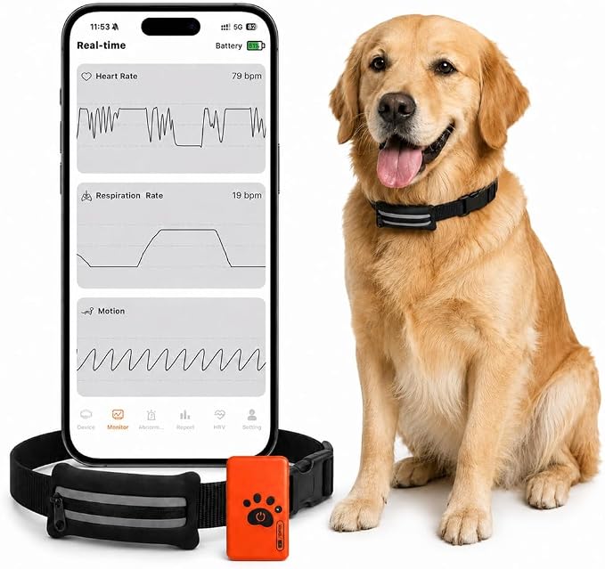 Smart Dog Health Monitoring Collar, Heart Rate, Respiratory & Activity Tracker with Wellness Insights, Waterproof Pet Collar with App(No Monthly fee)