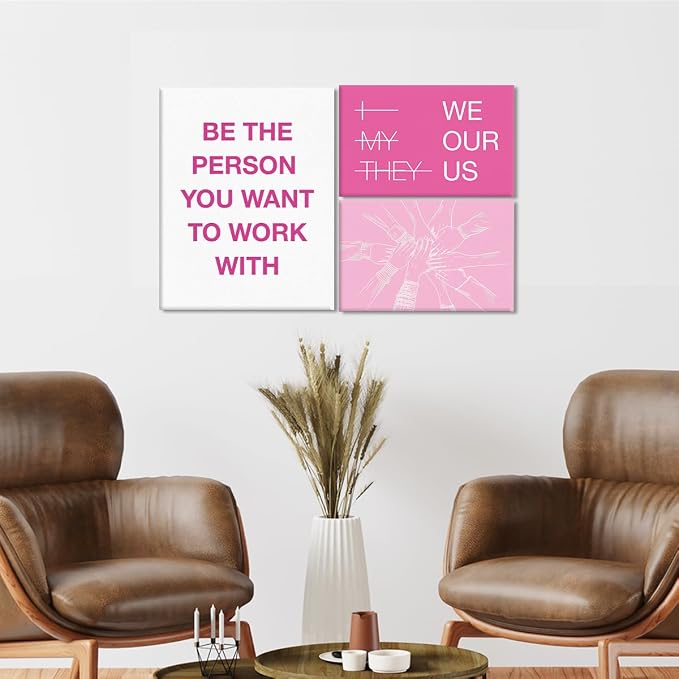 YEOION Motivational Office Wall Art,Inspirational Teamwork Wall Art for Office,Pink Positive Teamwork Wall Decor for Workplace Set of 6