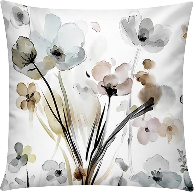 COMMINY Brown Grey Flower Pillow Covers 16x16 Set 6 Watercolor Style | watercolor flower, decorative cushion cover, Breathable Linen, Bedroom Accent pillow chair small Sofa, spring summer Decor