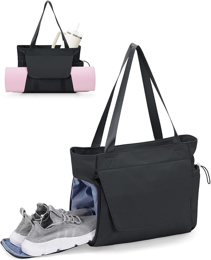 sportsnew Gym Bag for Women, 19L Yoga Mat Bag with Shoe Compartment & Wet Dry Pocket, Gym Tote Bag with Hook-and-loop Yoga Mat Holder, Quick Access Storage, for Workout Travel Pilates Dance