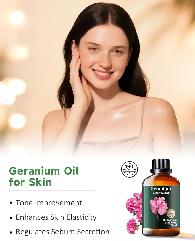 Geranium Essential Oil, Floral Scent, Outdoor & Skin Care, 3.38 Fl Oz | Mumianhua Rose Geranium Oil, Steam-Distilled. Sweet, Rose-Like Aroma. For Garden Spray, Diffuser, Skin, Hair & DIY