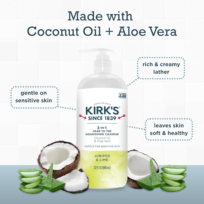 Kirk's 3-in-1 Head to Toe Nourishing Liquid Cleanser- for Men, Women & Children - Premium Coconut Oil & Aloe Vera- Non GMO & Vegan -Juniper & Lime - 32 Fl Oz 2 Pack