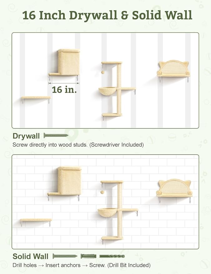 5-in-1 Cat Wall Shelves, Solid Wood Cat Wall Furniture Set for Indoor Cats | 44 lb per Shelf, 72-Hour Load Tested, Pre-Drilled, Fits 16 in. Stud Drywall & Solid Walls, for Small to Medium Cats