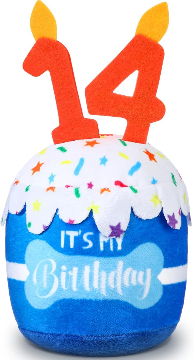 Dansydaisy Dog Birthday Cake Toy Squeaky Plush Gift,14th,Blue