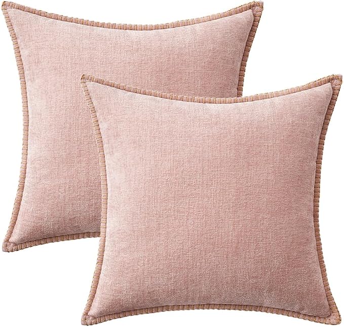 MIULEE Decorative Couch Throw Pillow Covers 18x18 Inch Pink 2 Pack | Farmhouse Pillow Covers with Stitched Edge, Soft Chenille Cushion Cases, for Sofa Bed Living Room Home Decor