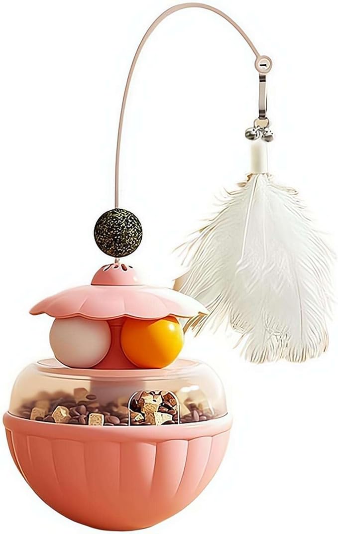 Cat Tumbler Food Dispenser Toy, 3-in-1 Slow Feeder Interactive Cat Puzzle with Dual Track Balls & Feather Wand, Self-Balancing Cat Treat Toy for Indoor Cats, Boredom Buster for Anxiety Relief
