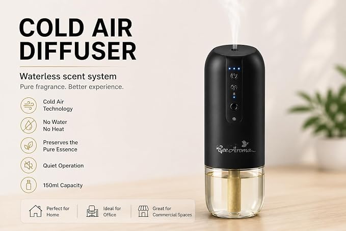 Cold Air Diffuser Machine for Home & Office – Waterless Aroma Diffuser, 150ml Capacity, Covers up to 100m², Bluetooth Control, Plug-in Hotel Style Scent System (White)