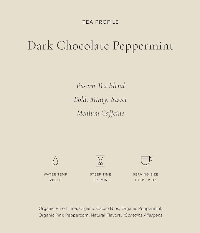 Art of Tea Dark Chocolate Peppermint 12 Count Tea Bags, Organic Pu-Erh Dessert Tea with Cocoa Nibs & Peppermint, Premium Pyramid Sachets for After Dinner Tea