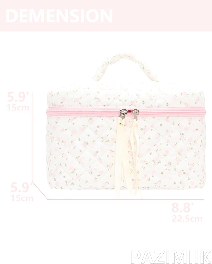 Quilted Makeup Bag Large Travel Zipper Soft Cosmetic Case for Women Girls Make Up,Little Flower Pink