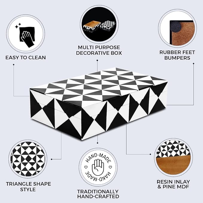 Handicrafts Home Small Decorative Storage Box with Lid, Black and White Keepsake Box, Decorative Trinket Box for Jewelry, Desk Organizer, Coffee Table & Shelf Decor, Triangle - 8 x 5 x 2 Inch