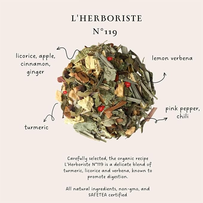Palais des Thés Caffeine-Free Tea - L'Herboriste N∞119 Organic Digestion Herbal Tea Blend Turmeric, Licorice & Verbena - Premium Tea Bags, Serves 20 Cups