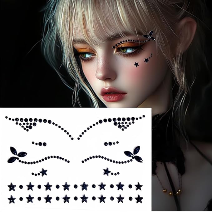 Eyeliner Gems,Rhinestone Festival Eyeliner Face Bindi Decorations Jewels Body Glitter Crystal Sticker for Men Women Kids Halloween Prank Makeup Costume,2-Pack