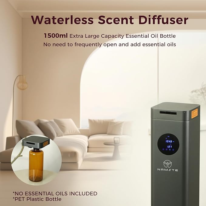 Waterless Diffuser 1500ml - Large 25in Essential Oil Diffuser - 4500 Sq. Ft Coverage, WiFi & APP & Touch Control, Hotel Collection Diffusers for Whole House,Office,Mall (Titanium Gray)