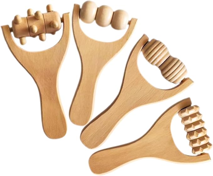 Wooden Foot Massager Roller Tool Hand Massage Roller for Back Neck Leg Arm Relief Natural Wood Massage Wooden Tool with Ergonomic Handle Portable Full Body 5.90 X 3.14 X 1.18 in 4 Pack