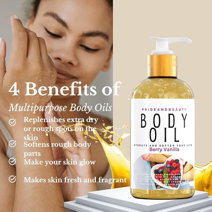PrideandBeauty After Shower Oil. Skin Hydrating Oil. Body Oil Scented. Body Oils For Women Dry Skin. (Berry Vanilla)