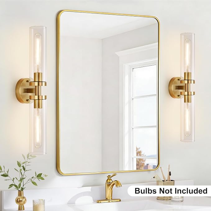 Indoi Brushed Gold Wall Sconces, Hardwired Bathroom Sconces Wall Lighting with Clear Glass, Modern Sconces Wall Light fixtures for Bathroom Mirror Living Room Hallway Bedroom