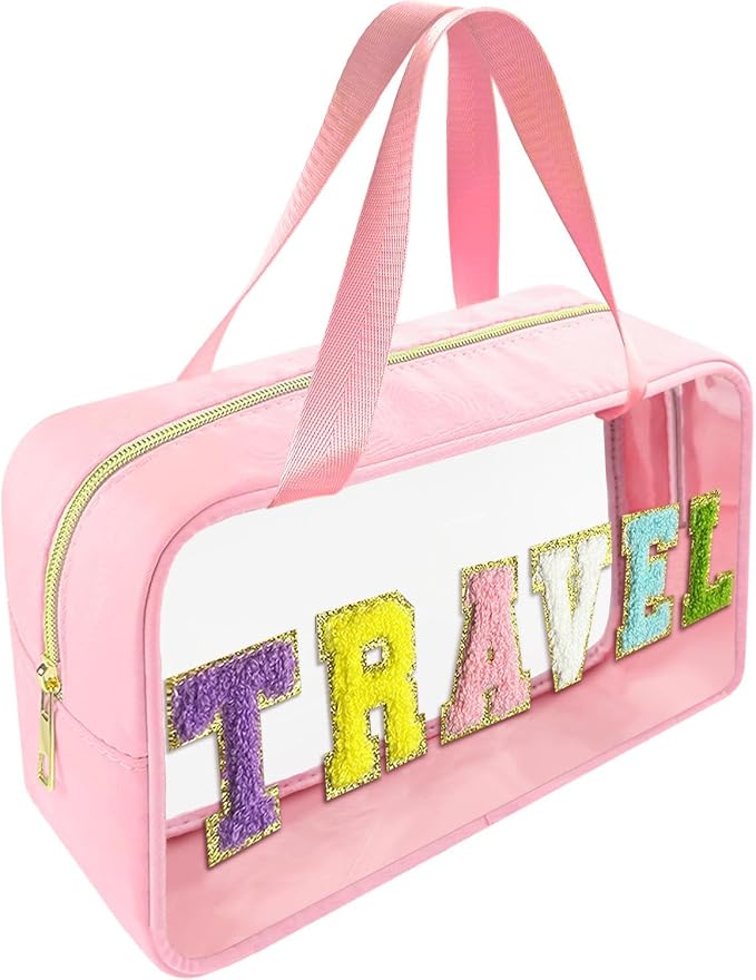 Bunliuys Chenille Letter Clear Makeup Bag Travel Patch, Travel Toiletry Makeup Bag with Handle, Nylon Waterproof Makeup Bags clear cosmetic bag, preppy patch makeup bag for Women (TRAVEL-Pink)