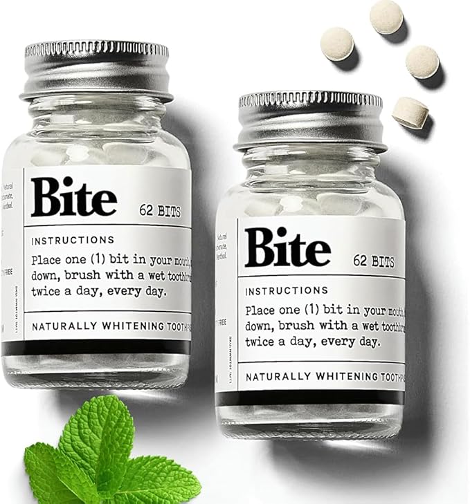 Bite Whitening Toothpaste Tablets – 2 Months – Fluoride Free, Nano Hydroxyapatite + Xylitol, Mint – Vegan, Cruelty-Free, Made in USA, Sensitive Teeth, Travel Size, Adults, Kids, (2 Bottles, 124 Tabs)