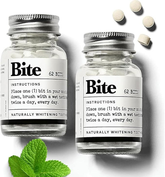 Bite Whitening Toothpaste Tablets – 2 Months – Fluoride Free, Nano Hydroxyapatite + Xylitol, Mint – Vegan, Cruelty-Free, Made in USA, Sensitive Teeth, Travel Size, Adults, Kids, (2 Bottles, 124 Tabs)