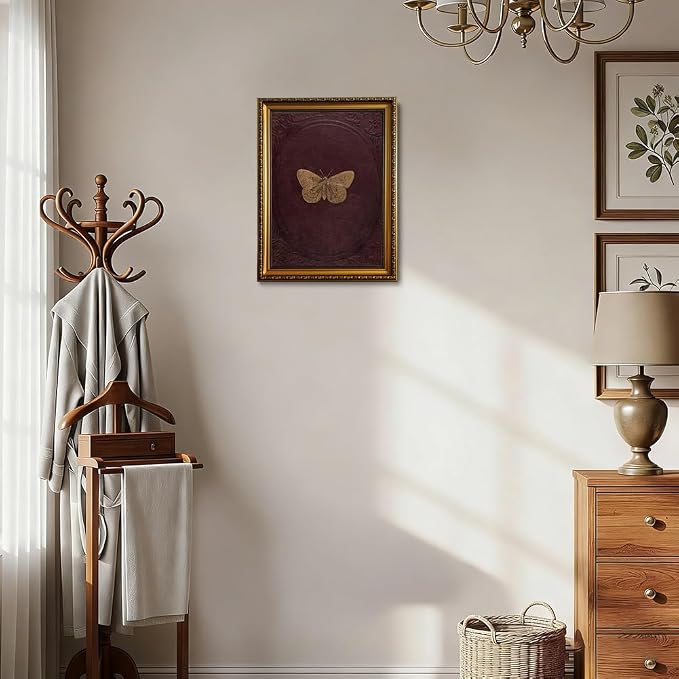 ZLPLLHA Vintage Gold Framed Wall Art Butterfly Wall Decor Moody Canvas Art Insect Pictures Victorian Paintings Burgundy Artwork for Bedroom Living Room