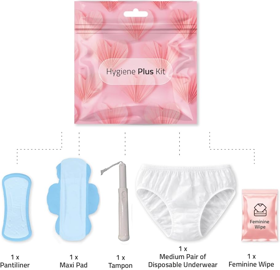 Hygiene Plus Bulk Period Kit with Disposable Underwear (Medium) – Complete Menstrual Care Kits for Schools, Healthcare & Organizations – Includes Tampon, Maxi Pad, Pantyliner & Wipe (1000)