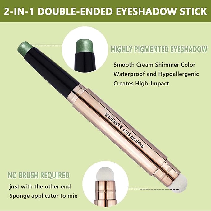 Bright Green Eyeshadow Stick Eyeliner Eye Makeup Cream Shimmer Smooth Eyeshadow Pencil Hypoallergenic Waterproof Long Lasting Eye shadow Highlighter pen (15# Green Shimmer)