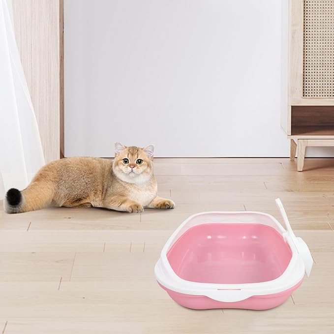 OUNONA Semi-Closed Cat Litter Box Anti-Splash Durable Pan with Open Top and Pee Shield for Small Cats and Kittens Indoor Housebreaking