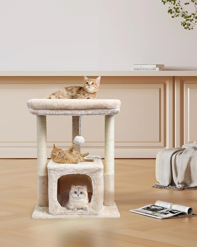 SYANDLVY 27" Cat Tree for Indoor Cats, Activity Tower with Scratching Posts | Modern Kitten Condo with Plush Perch & Hanging Ball for Play, Beige
