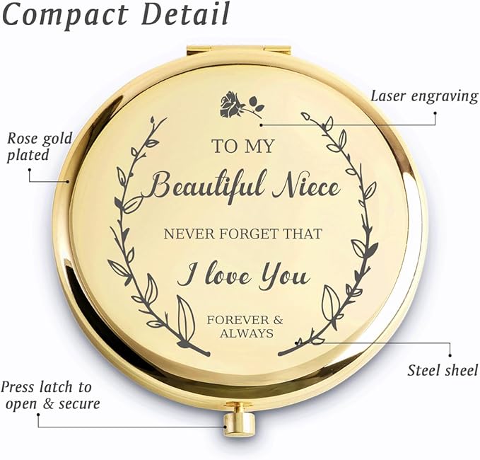 Niece Gifts from Aunt Uncle, Personalized Gift for Niece, Custom Compact Mirror, Goodie Bag & Basket Stuffers for Valentines Day, Mothers Day, Graduation, Birthday, Wedding